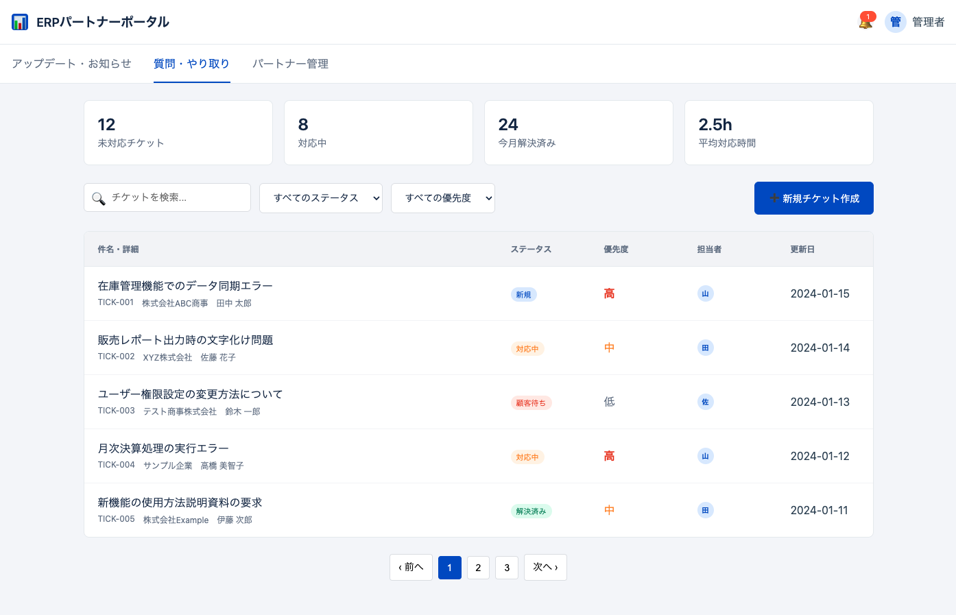 ERPの販売パートナー向け「質問・やり取り」の管理