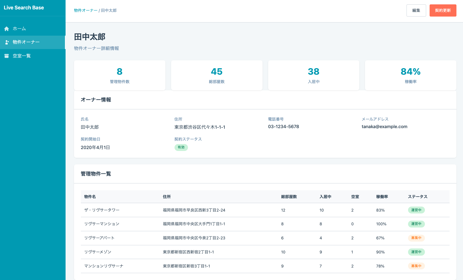物件オーナー情報と管理状況の一元表示